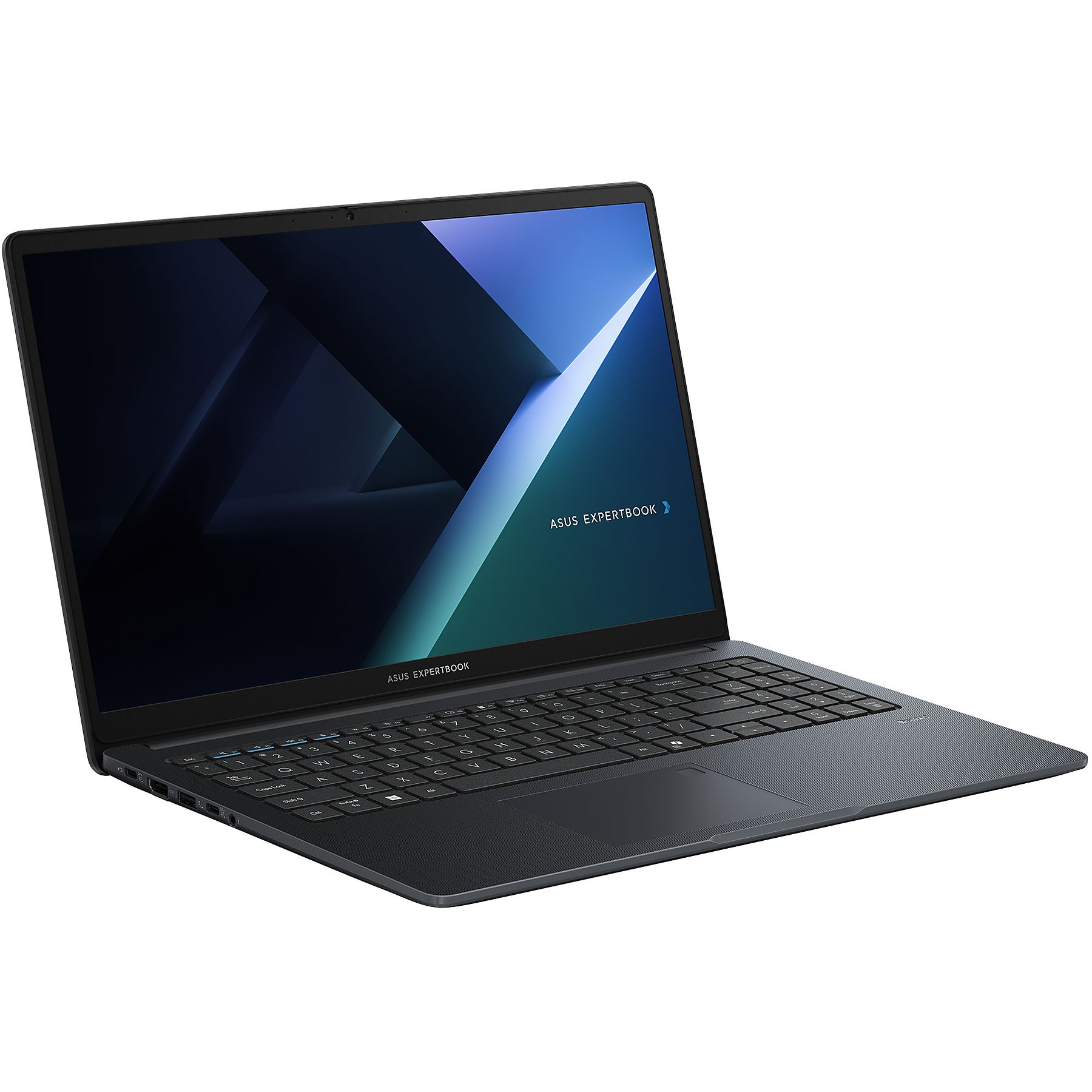 Un laptop ASUS ExpertBook grigio scuro è aperto, angolato. Lo schermo mostra un design blu scuro e verde acqua. Tastiera visibile.