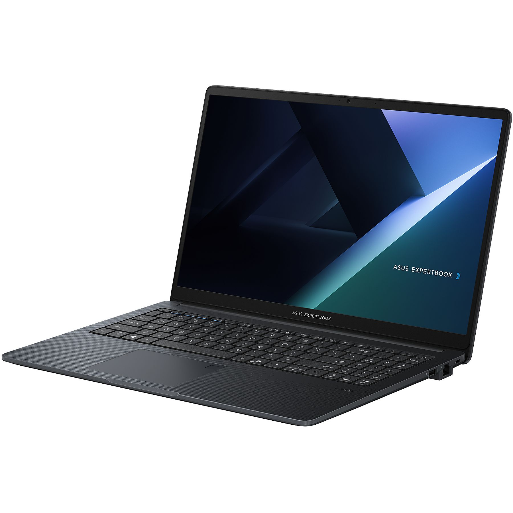 Un laptop ASUS ExpertBook grigio scuro è aperto su una superficie bianca. Lo schermo mostra un design astratto blu.