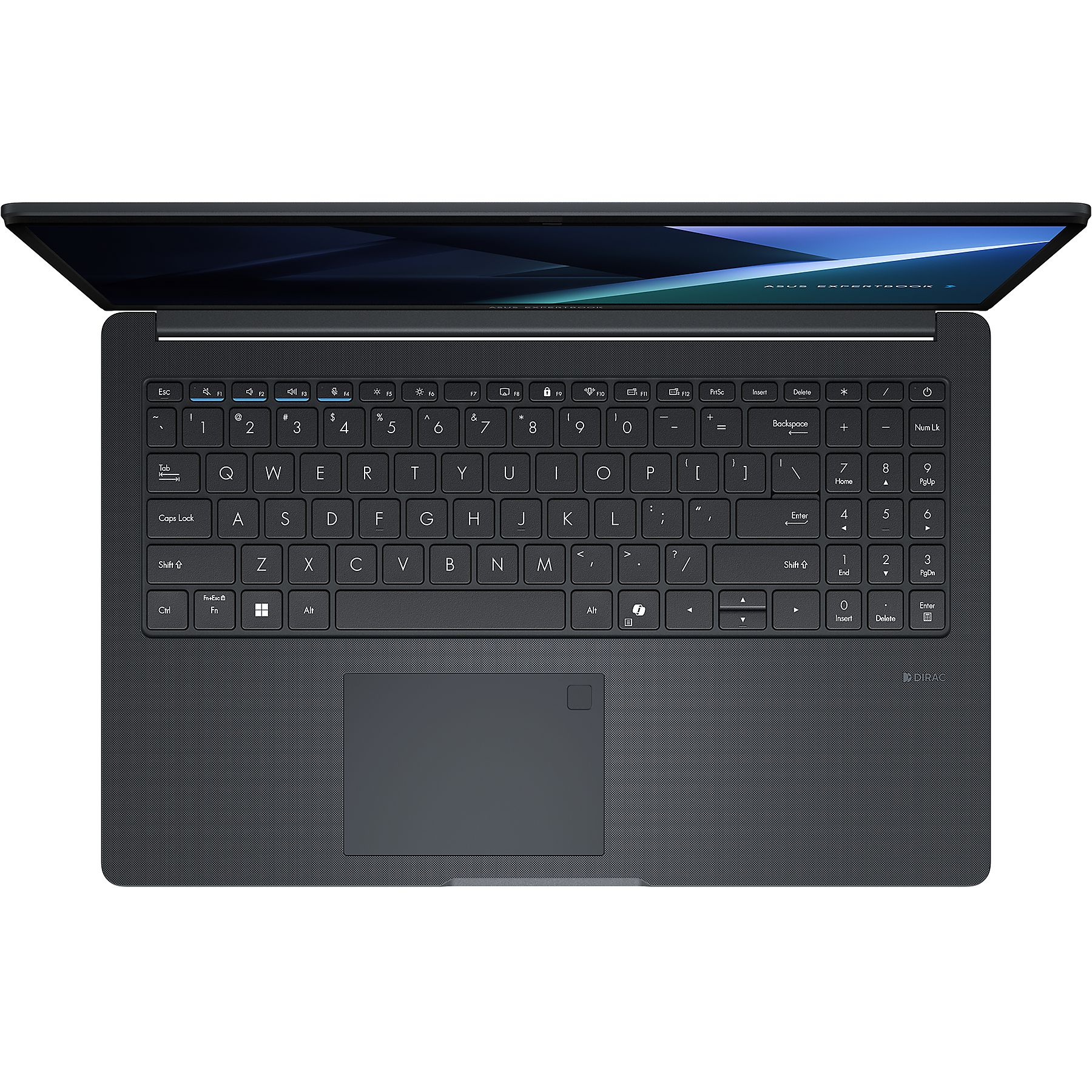 Un laptop scuro è aperto, mostrando la tastiera e lo schermo. La tastiera ha vari tasti, e lo schermo mostra un'immagine blu.
