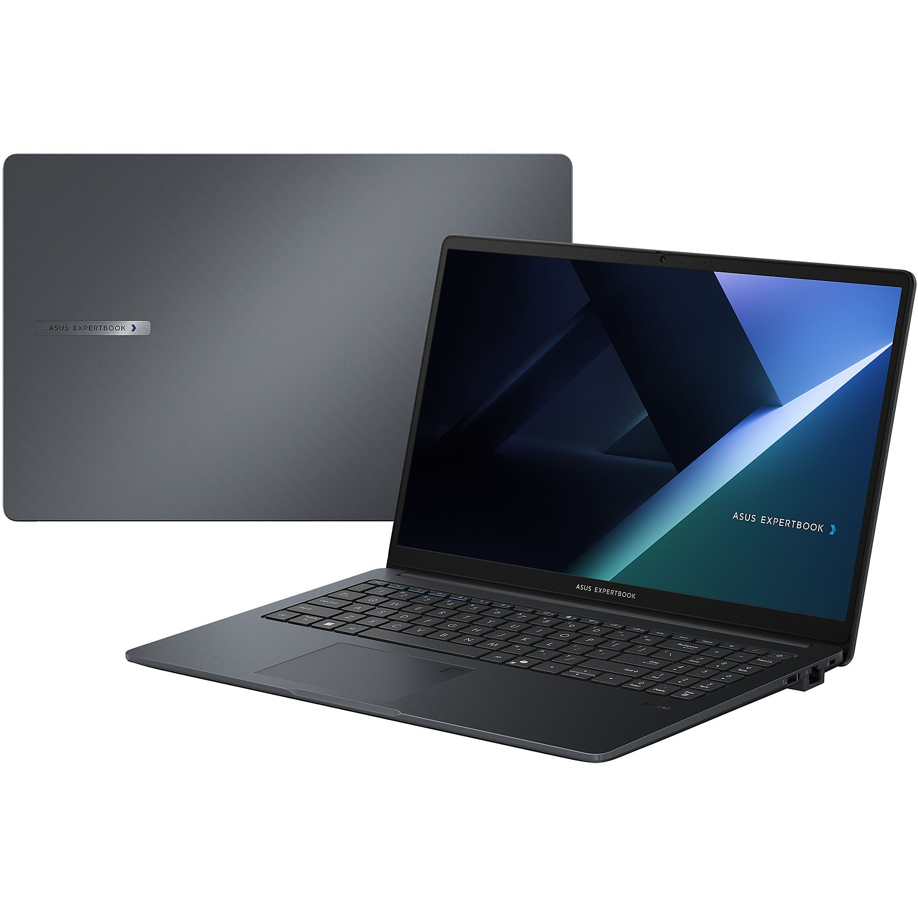 Un laptop ASUS ExpertBook grigio scuro è mostrato aperto, con un'immagine duplicata del laptop sullo sfondo.