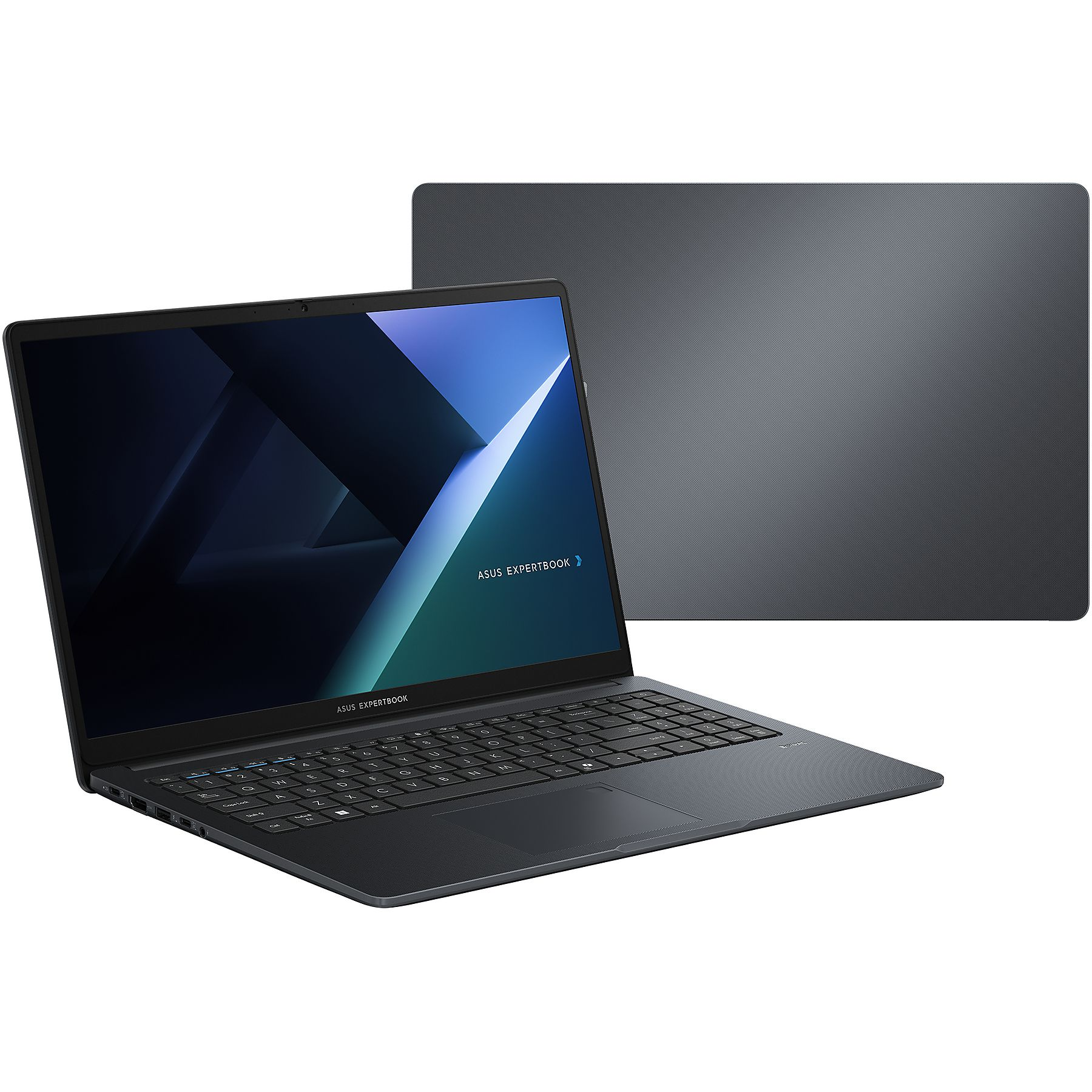 Un laptop ASUS ExpertBook grigio scuro è aperto, con un coperchio grigio abbinato sullo sfondo, su uno sfondo bianco.