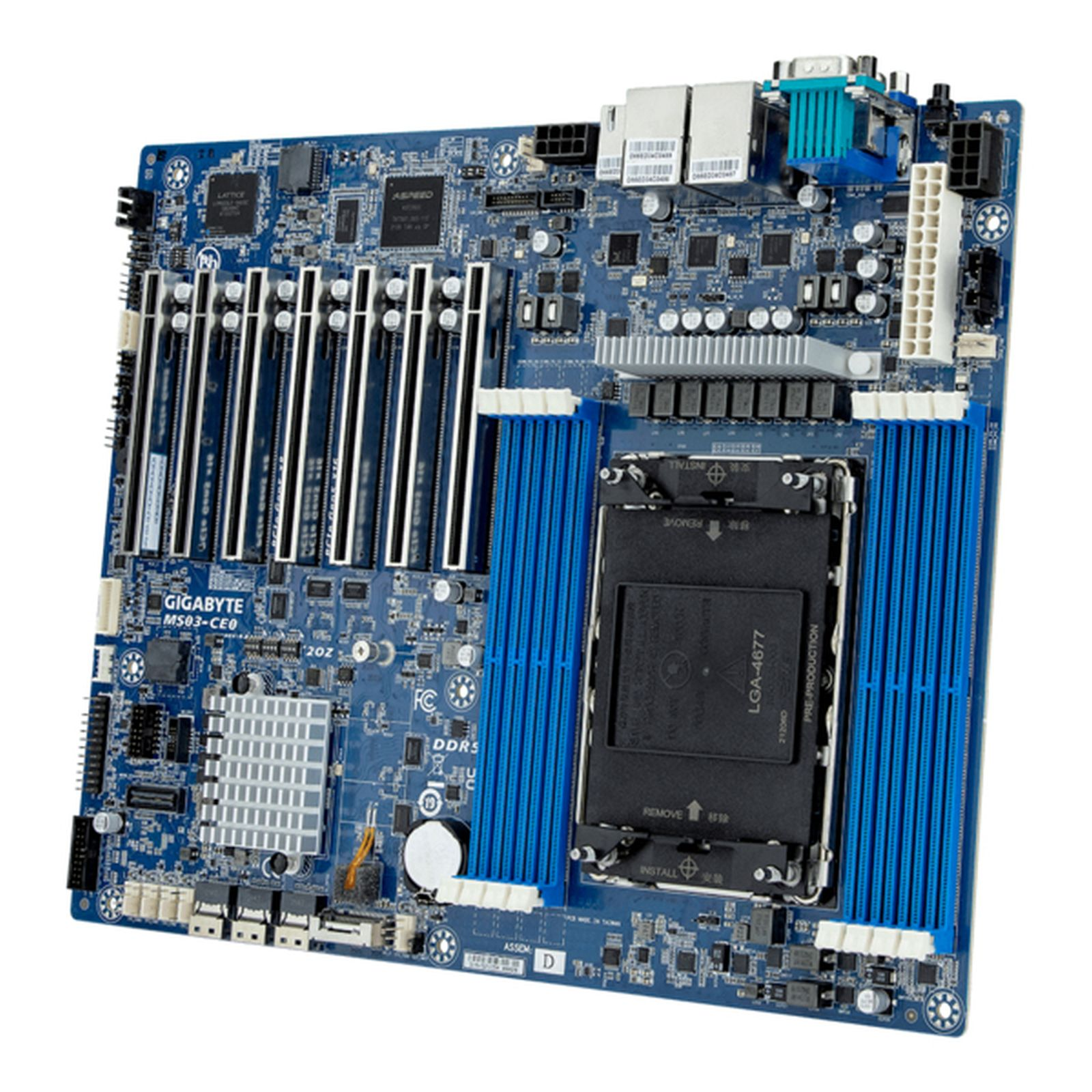 Una scheda madre blu Gigabyte MS03-CEO, con vari slot, connettori e un socket CPU. Caratteristiche componenti blu e bianchi.