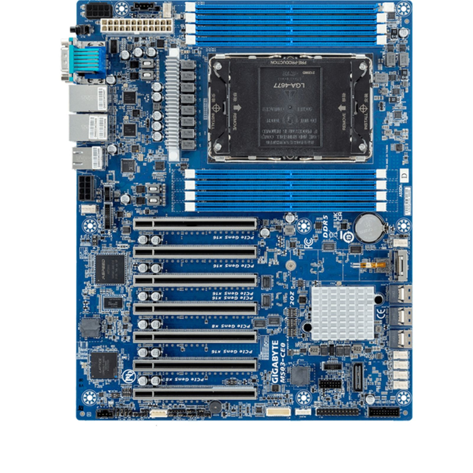 Scheda madre blu per computer con vari componenti come slot, chip e connettori. Socket LGA-4677 visibile.