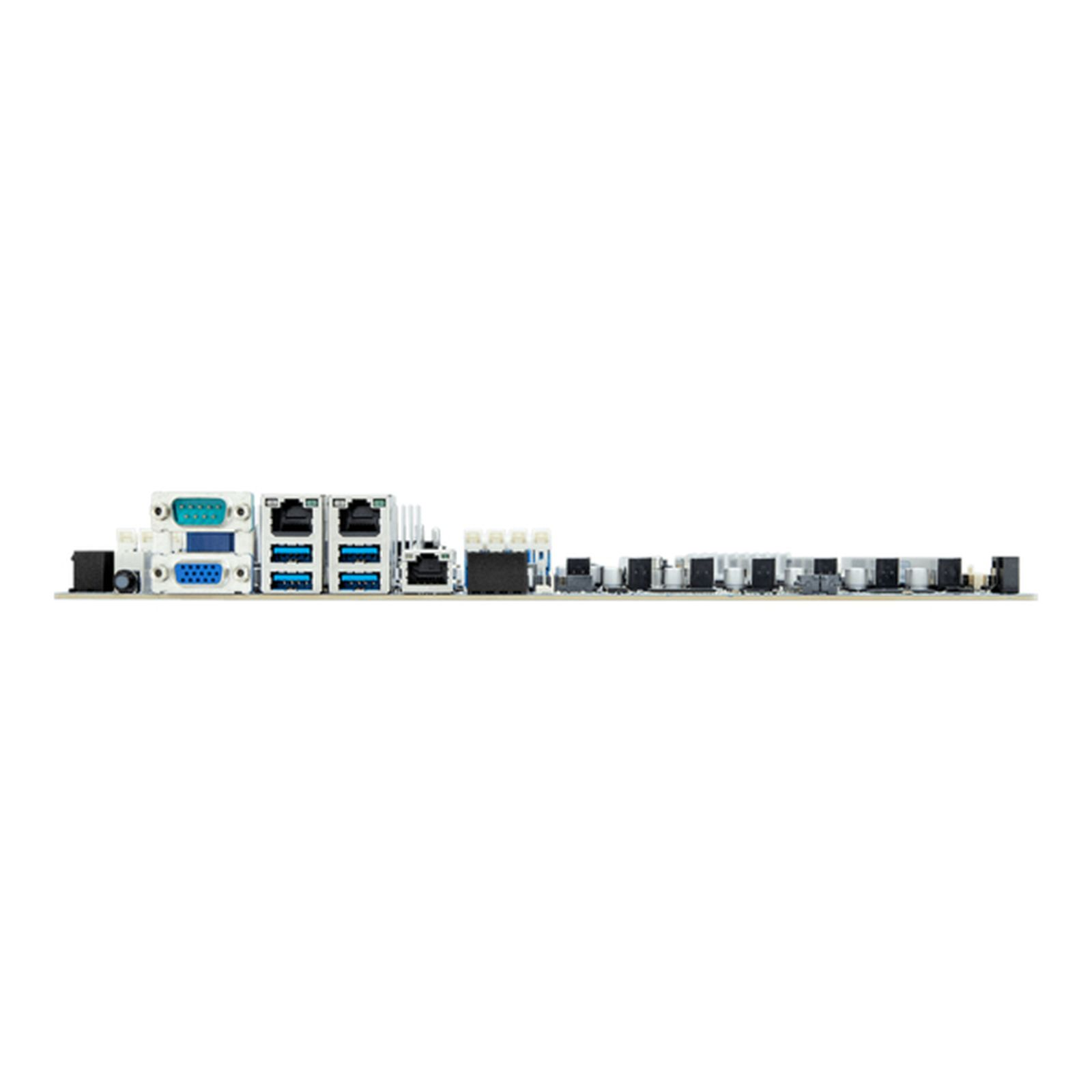 Una scheda madre per computer con varie porte e connettori, tra cui porte VGA e USB blu e porte di rete.