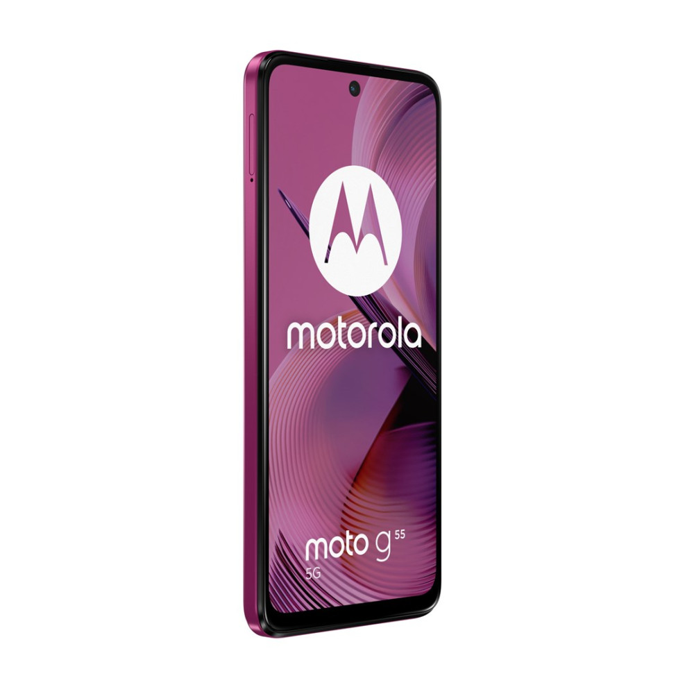 Różowy smartfon Motorola Moto G55 5G. Ekran wyświetla logo Motoroli i fioletowe abstrakcyjne tło. Telefon znajduje się na białym tle.