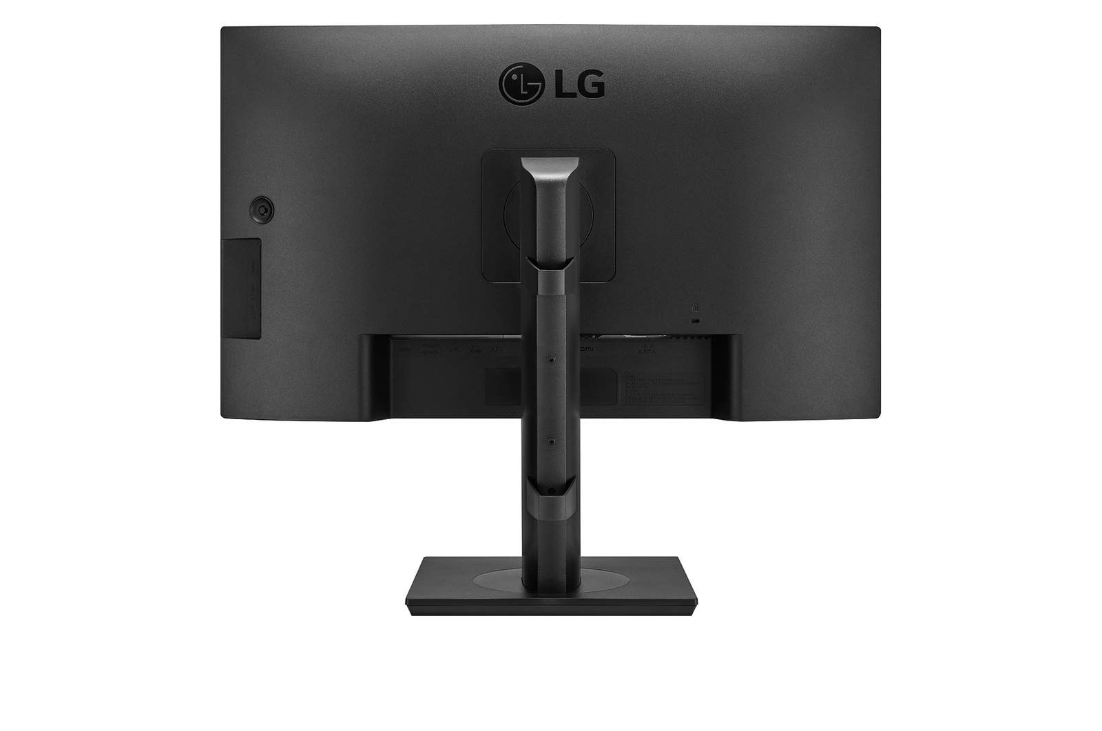 Vista posteriore di un monitor LG nero con supporto. Il logo LG è in alto. Porte e connessioni visibili.