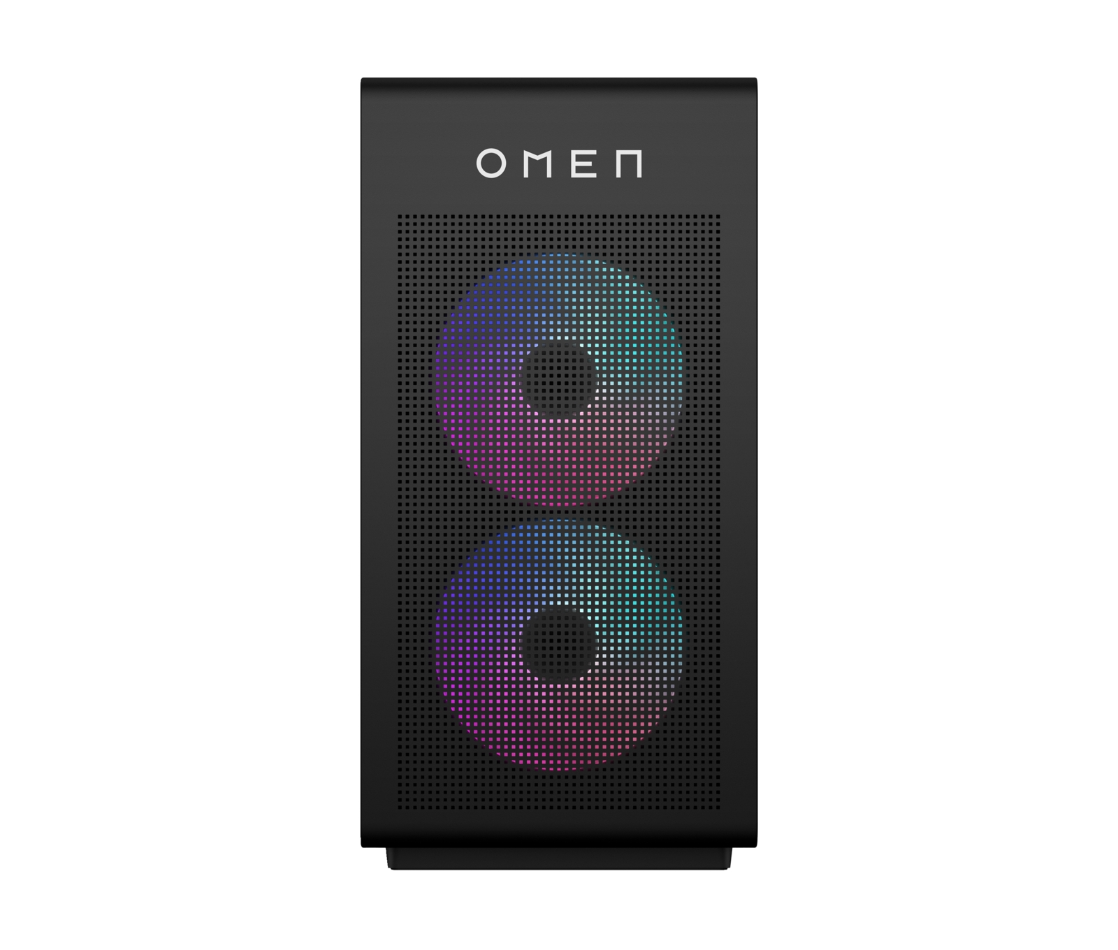Torre per PC da gioco OMEN nera. Ha due display luminosi circolari e colorati. La parola OMEN è visualizzata in bianco in alto.