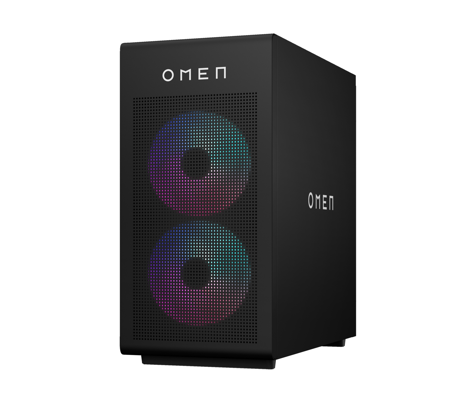 PC gaming OMEN nero. La parte anteriore ha due cerchi illuminati RGB. Logo OMEN sulla parte anteriore e laterale. Pannello frontale perforato.