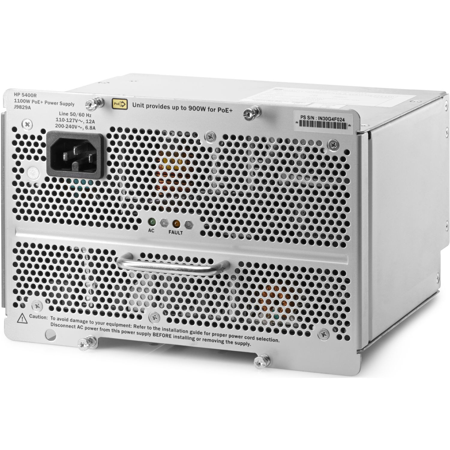 Un alimentatore HP 5400R argentato con ingresso di alimentazione, maniglia e fori di ventilazione. Il testo include specifiche e avvertenze.