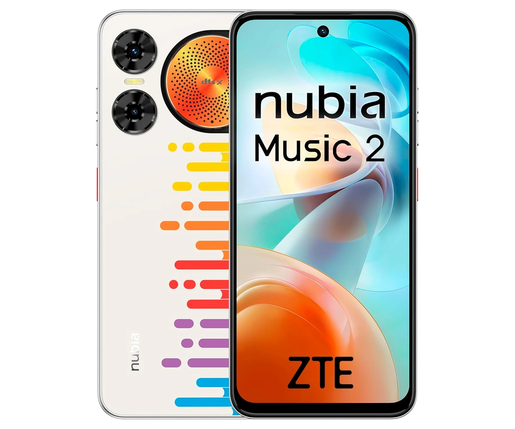 Ein weißes Nubia Music 2 Telefon. Der Bildschirm zeigt 'nubia Music 2' mit farbenfrohem Hintergrund. Die Rückseite hat Kameras und orange Akzente.