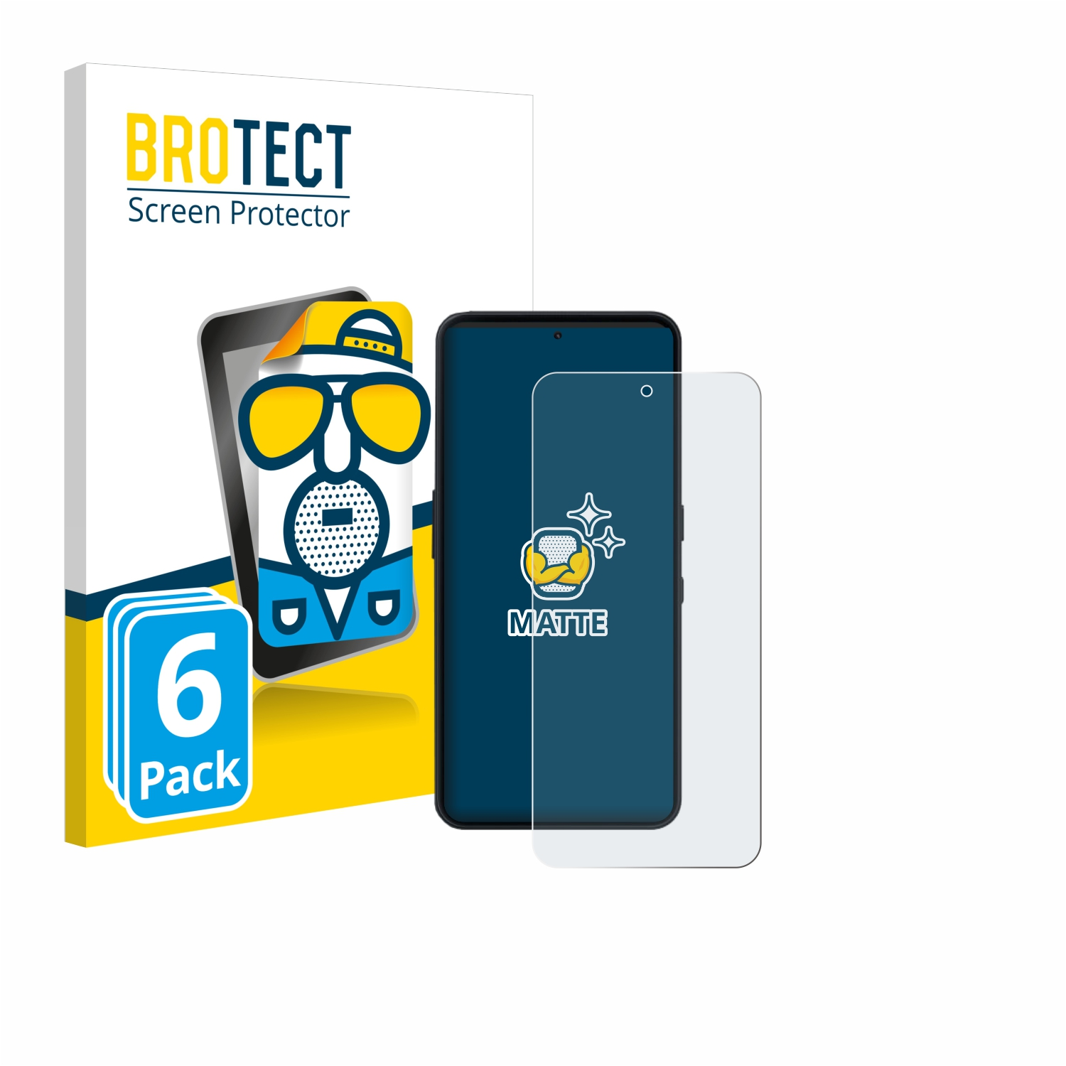 Ein Telefon und ein Displayschutz mit 'BROTECT'-Logo, einer Cartoonfigur und einem '6 Pack'-Label werden angezeigt.