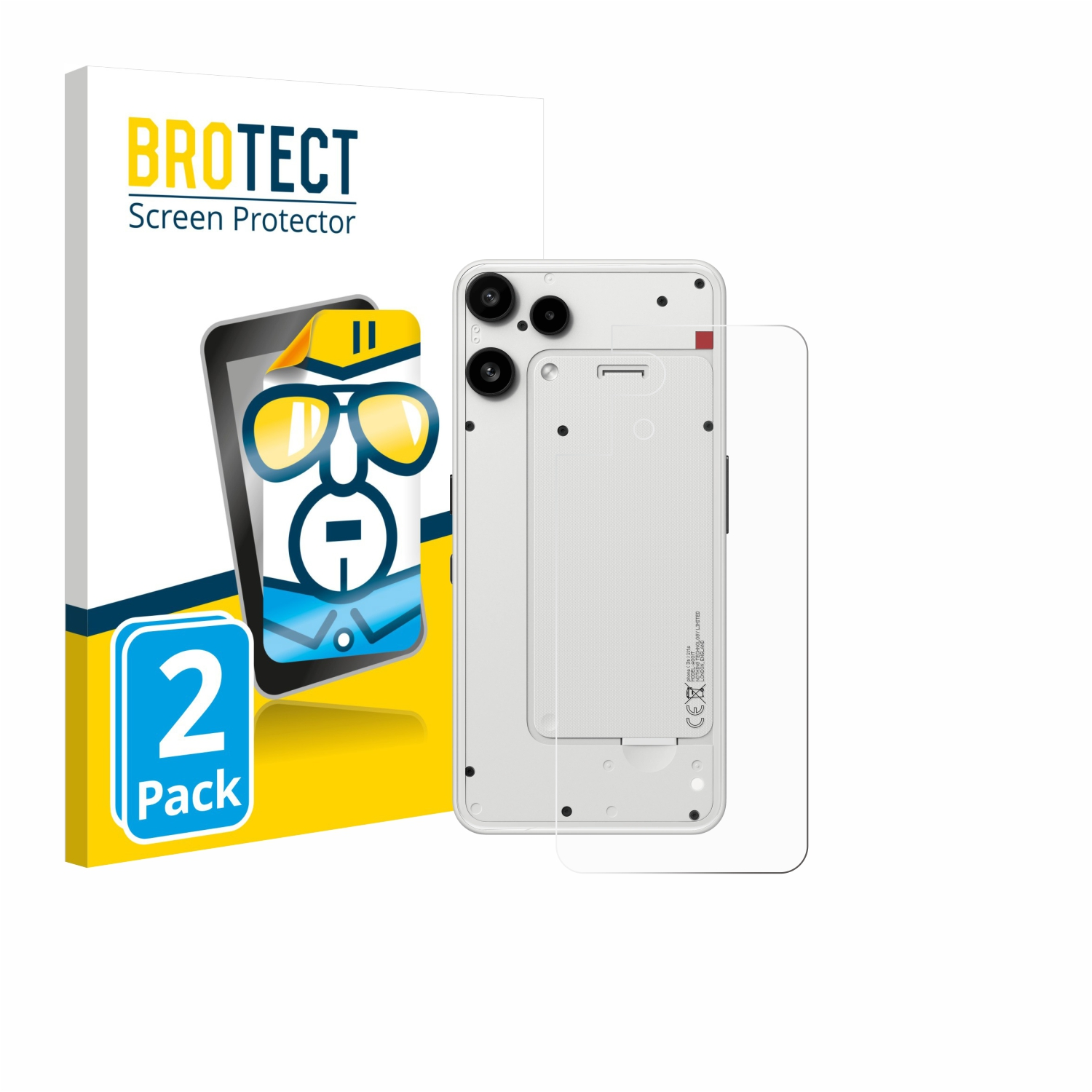 Das Bild zeigt ein Telefon, eine Displayschutzfolie und eine Verpackung. Das Telefon ist weiß. Die Schutzfolie ist klar. Die Verpackung sagt BROTECT Screen Protector.