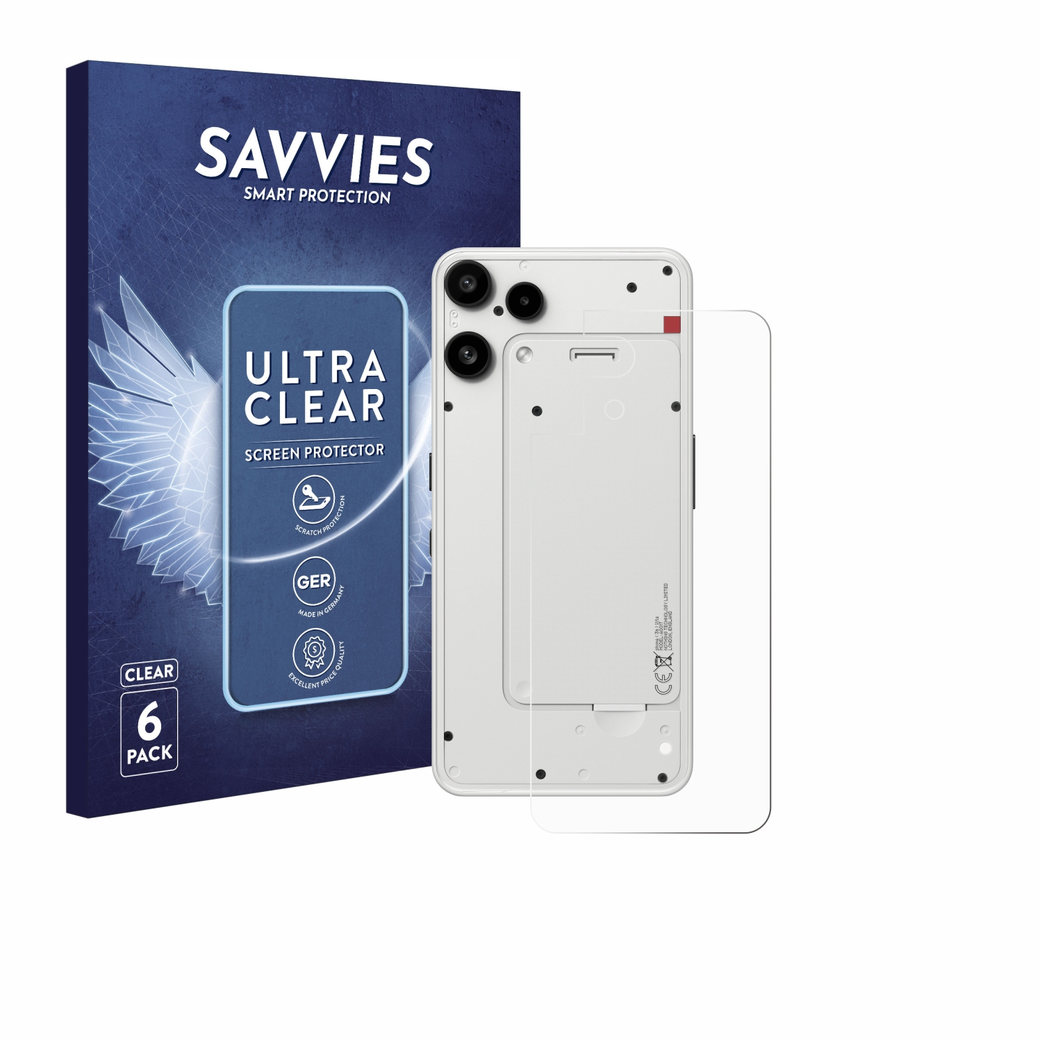 Ein Telefon und eine Displayschutzfolie befinden sich neben einer Schachtel. Die Schachtel wirbt für eine Displayschutzfolie. Das Telefon ist weiß.