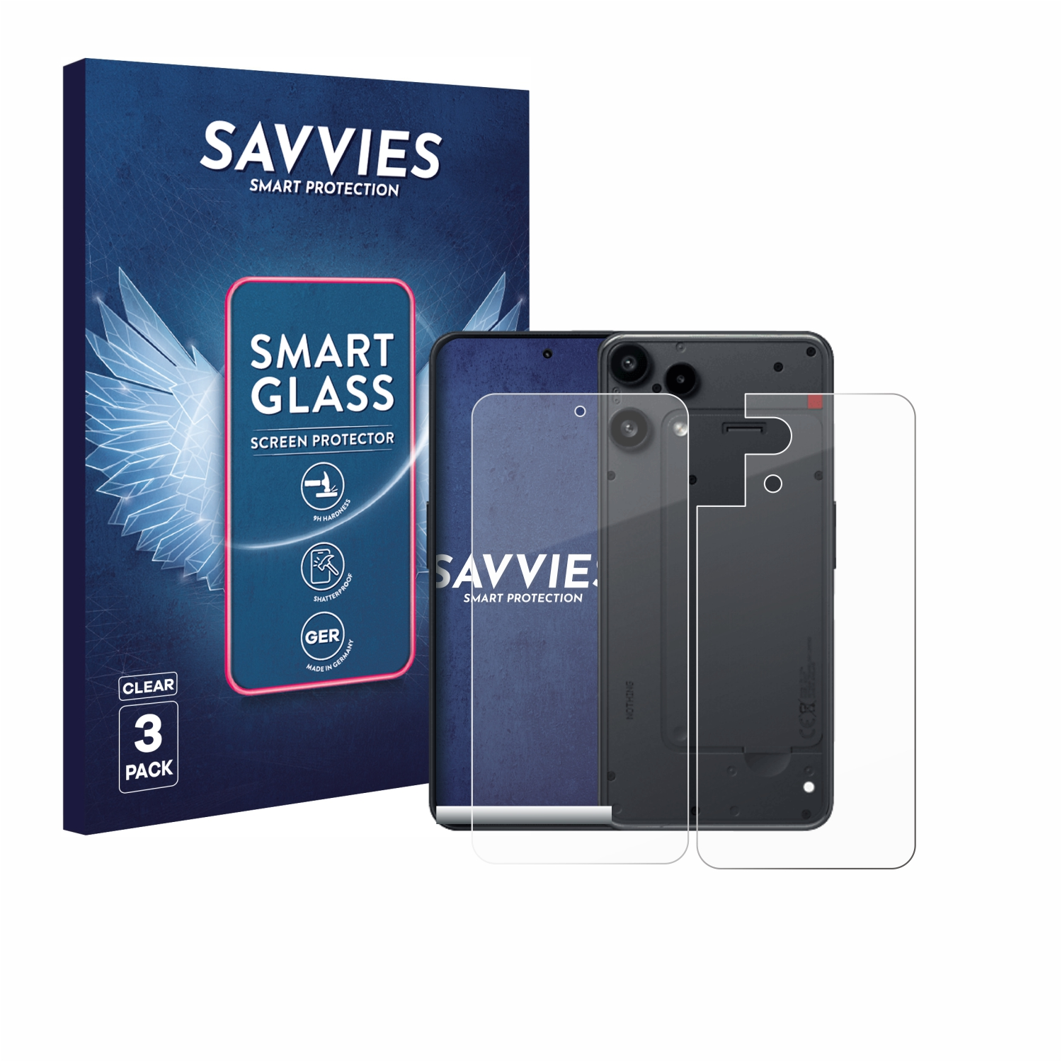 Ein Telefon und Displayschutzfolien werden angezeigt. Links befindet sich eine Schachtel mit 'Savvies Smart Glass'. Das Telefon ist in der Mitte mit Schutzfolien.