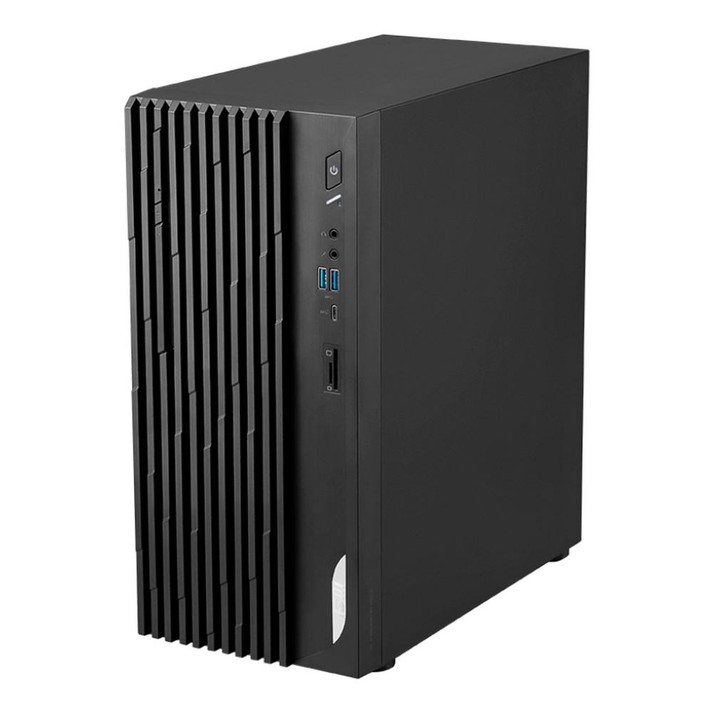 Czarna obudowa komputera z pionowymi żebrami po lewej stronie. Posiada porty, przyciski i przycisk zasilania po prawej stronie.