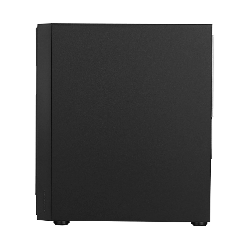 Widok z boku czarnej obudowy komputera stacjonarnego. Obudowa jest prostokątna z zaokrąglonymi narożnikami i stoi na czterech małych nóżkach.