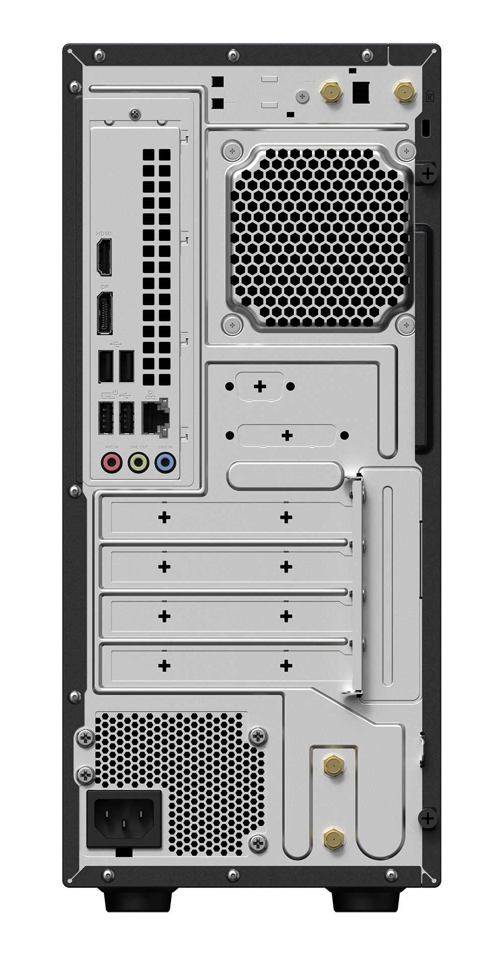 Vista posteriore di un case per computer con varie porte, prese d'aria e un ingresso di alimentazione. Le porte HDMI e DP sono visibili.