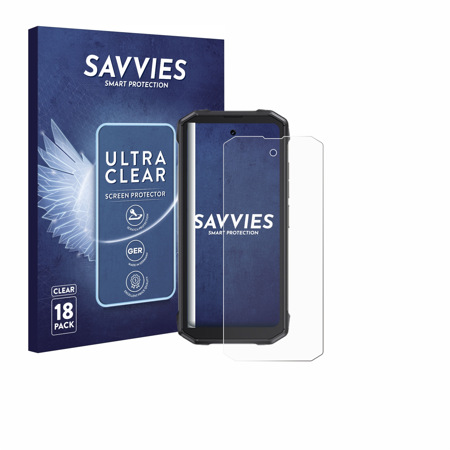 Ein Displayschutz-Kit für Telefone. Ein Telefon befindet sich neben dem Schutz und eine Box mit dem Markennamen.