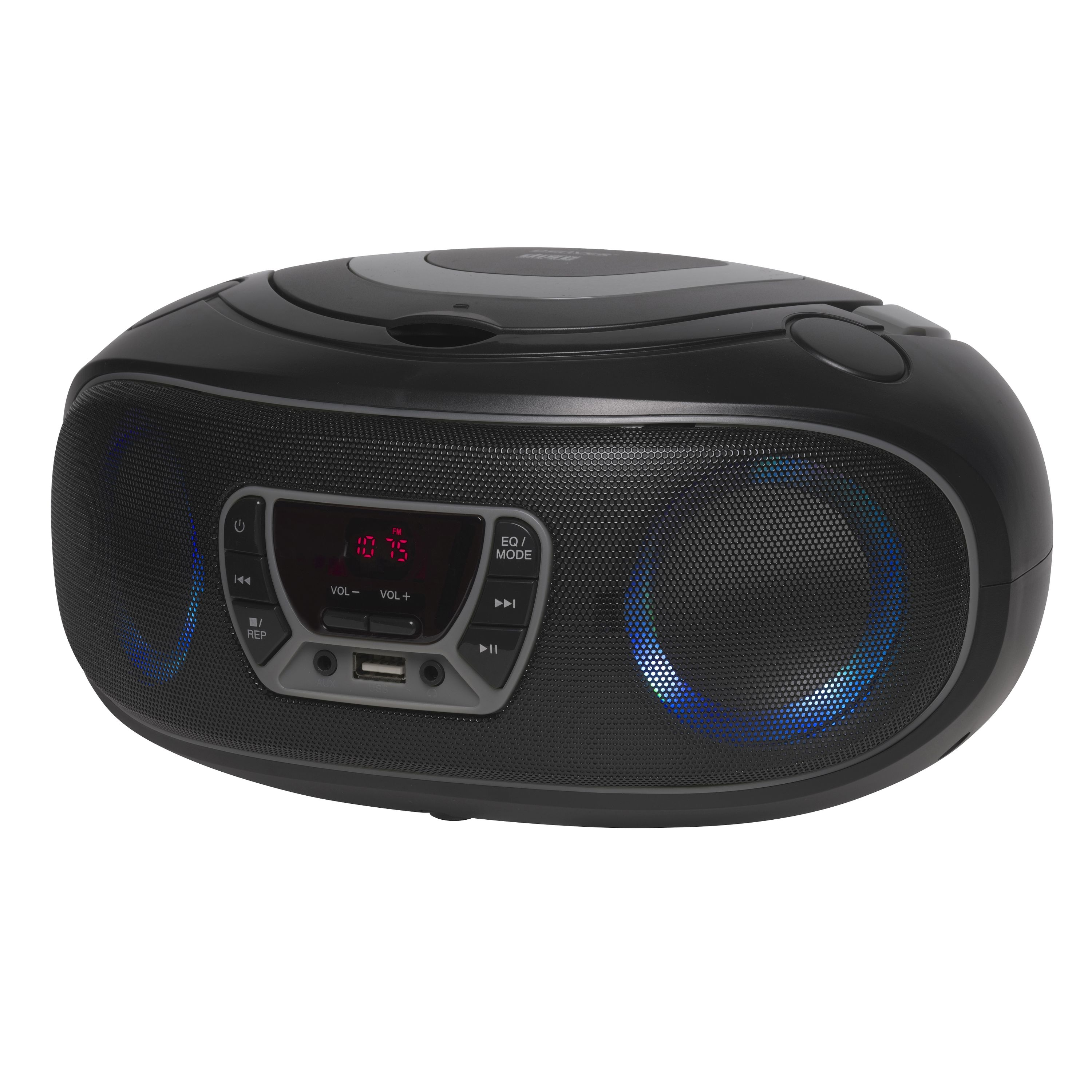 Czarny boombox z odtwarzaczem CD, głośnikami i wyświetlaczem cyfrowym. Posiada port USB i przyciski sterujące.