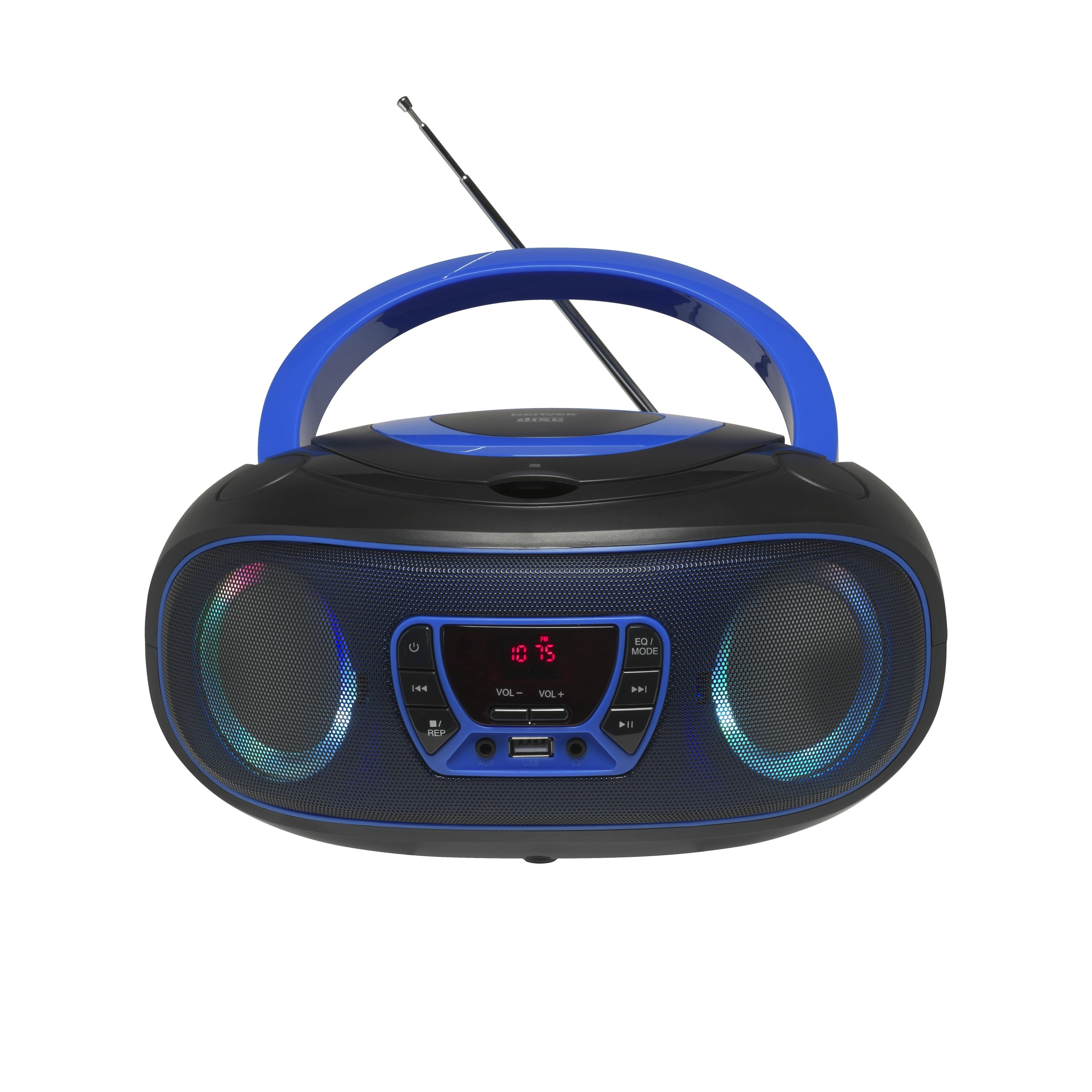 Czarny i niebieski boombox z wyświetlaczem cyfrowym, przyciskami, głośnikami i anteną, na białym tle.
