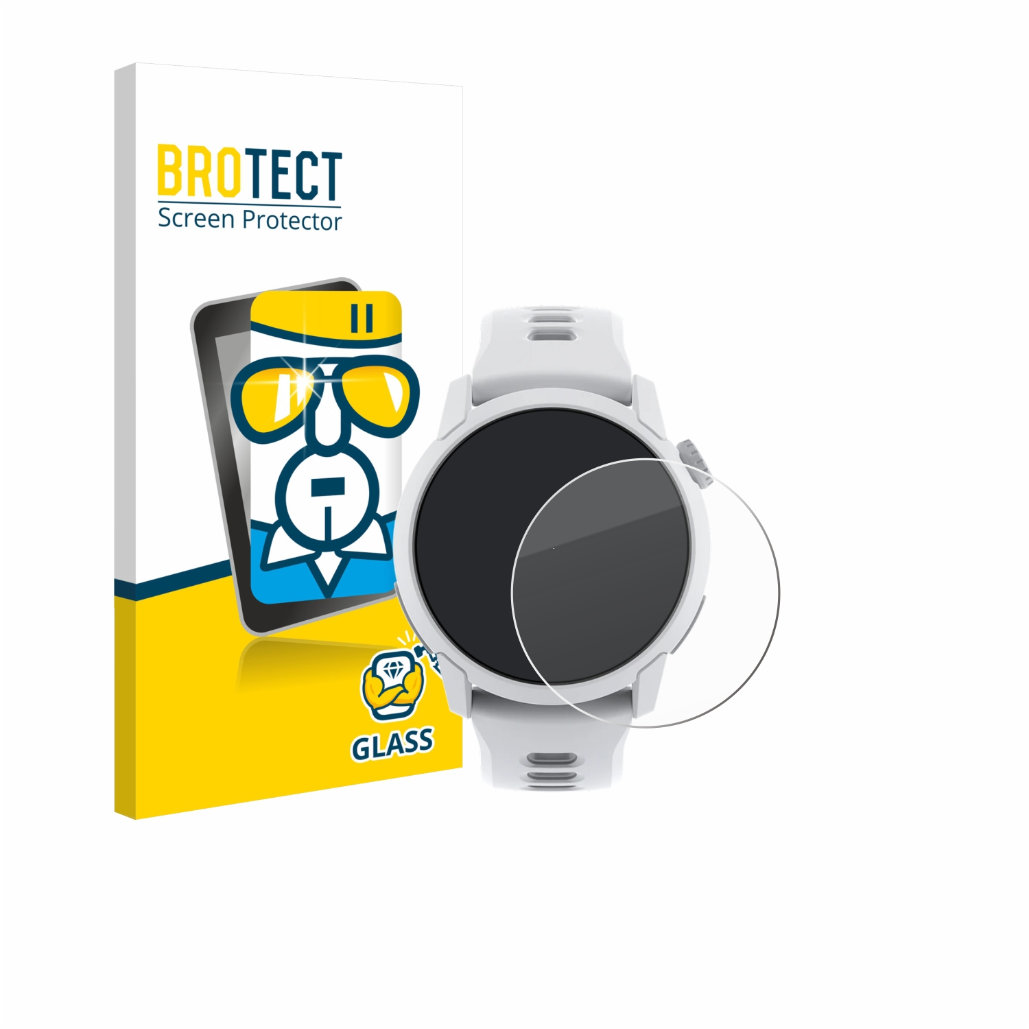 Eine weiße Smartwatch mit Displayschutz und Produktverpackung. Auf der Box steht "BROTECT Screen Protector".