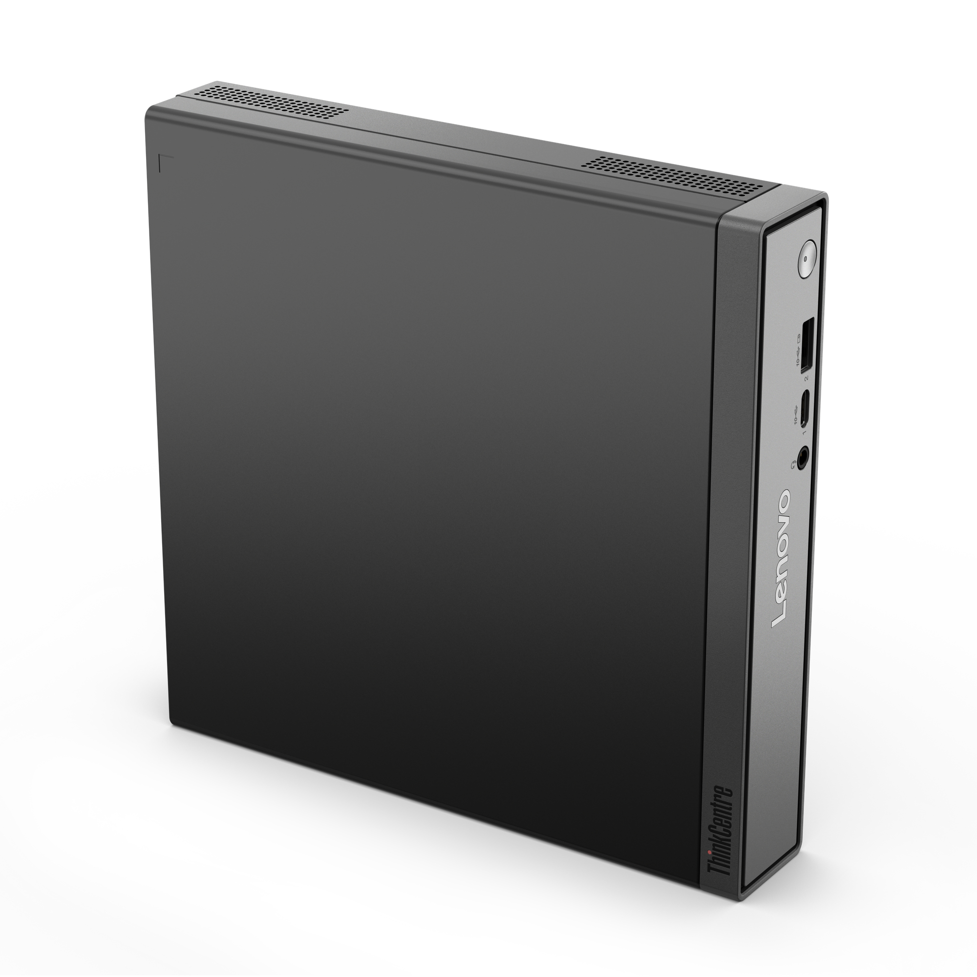 Un computer desktop Lenovo ThinkCentre nero. È rettangolare con un pannello laterale argentato e sfondo bianco.