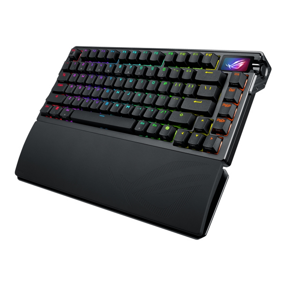 Schwarze Gaming-Tastatur mit RGB-Hintergrundbeleuchtung, Handgelenkauflage und ROG-Logo. Tasten sind sichtbar, auf weißem Untergrund.