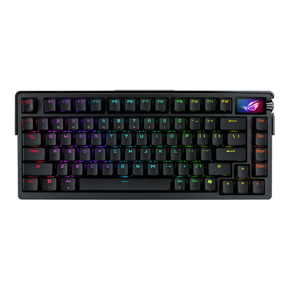 Schwarze Gaming-Tastatur mit RGB-Hintergrundbeleuchtung. Tasten mit Buchstaben und Symbolen beschriftet. ROG-Logo oben rechts.