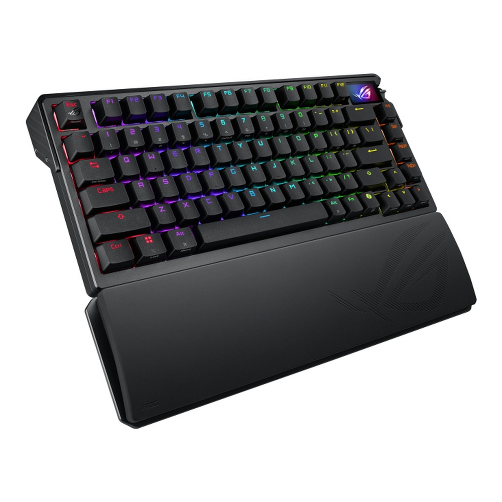 Eine schwarze Tastatur mit Regenbogen-beleuchteten Tasten, einer Handgelenkauflage und ROG-Logo. Tasten mit Buchstaben, Zahlen und Symbolen.