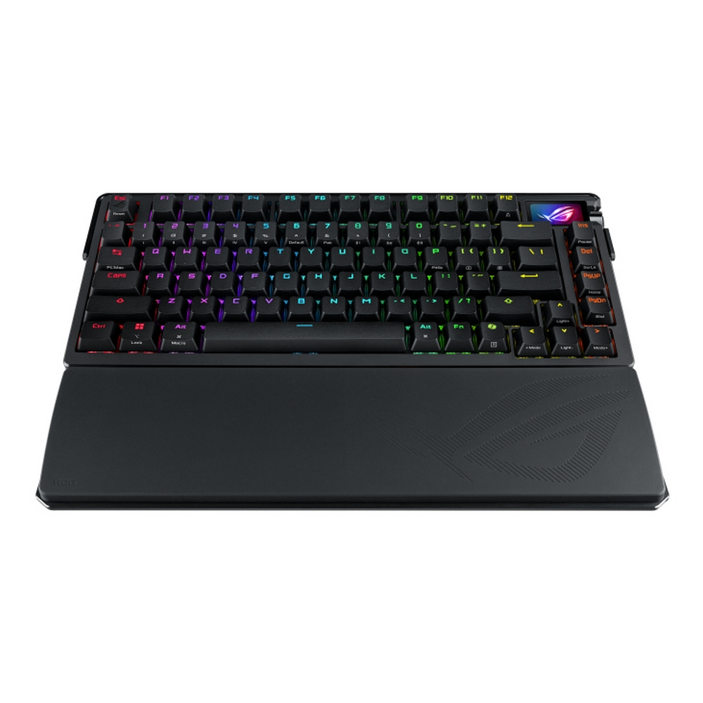 Eine schwarze Tastatur mit bunten Tasten und einer Handgelenkauflage. Das ROG-Logo befindet sich oben rechts.