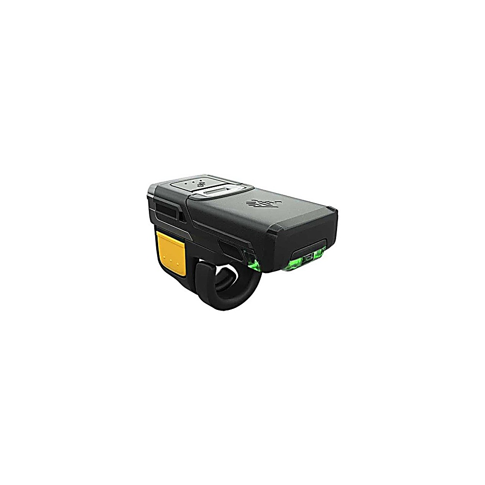 Uno scanner ad anello nero e giallo. Lo scanner ha un corpo nero e un lato giallo. Ci sono luci verdi sopra. È su sfondo bianco.
