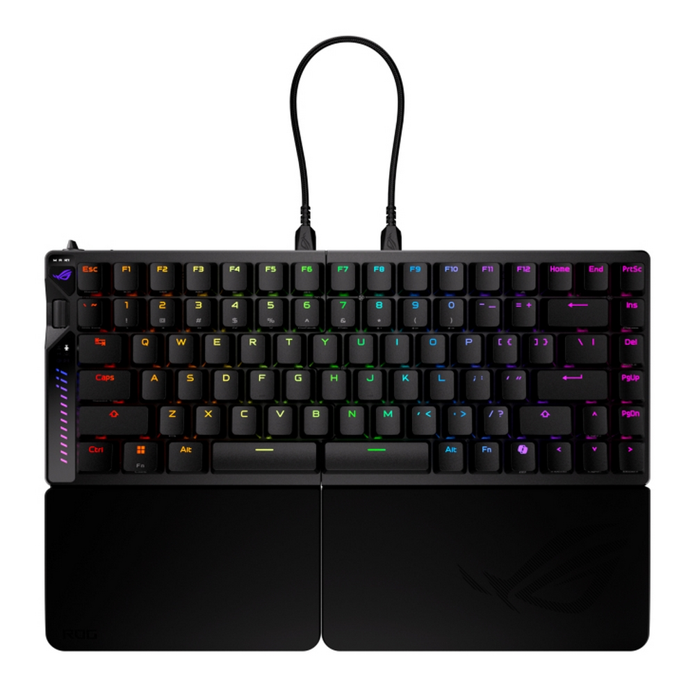 Tastiera da gaming nera con tasti retroilluminati colorati, poggiapolsi e cavo nero.