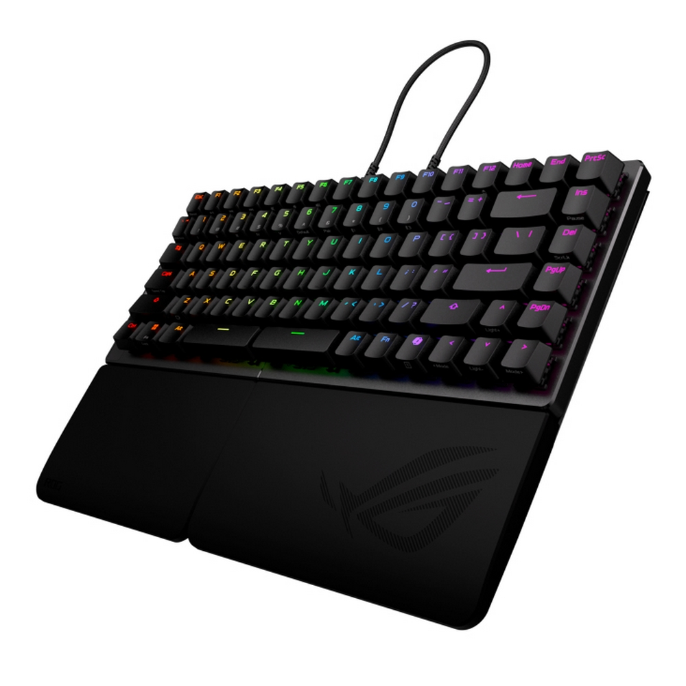 Una tastiera da gioco nera con illuminazione RGB. Ha un poggiapolsi con un logo. I tasti sono illuminati in vari colori.