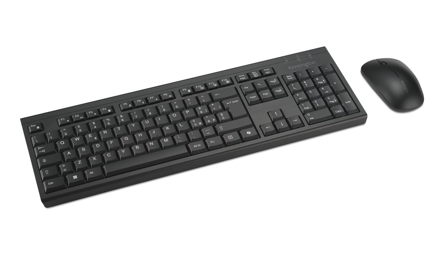 Czarna klawiatura i mysz Kensington na białym tle. Klawiatura ma klawisze, mysz jest po prawej stronie.