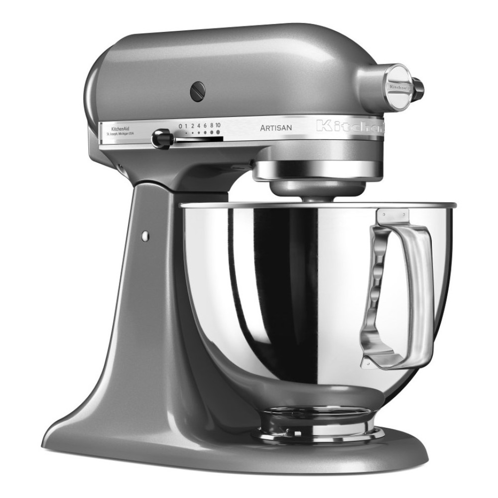 Szara KitchenAid Artisan z misą ze stali nierdzewnej. Na białym tle.