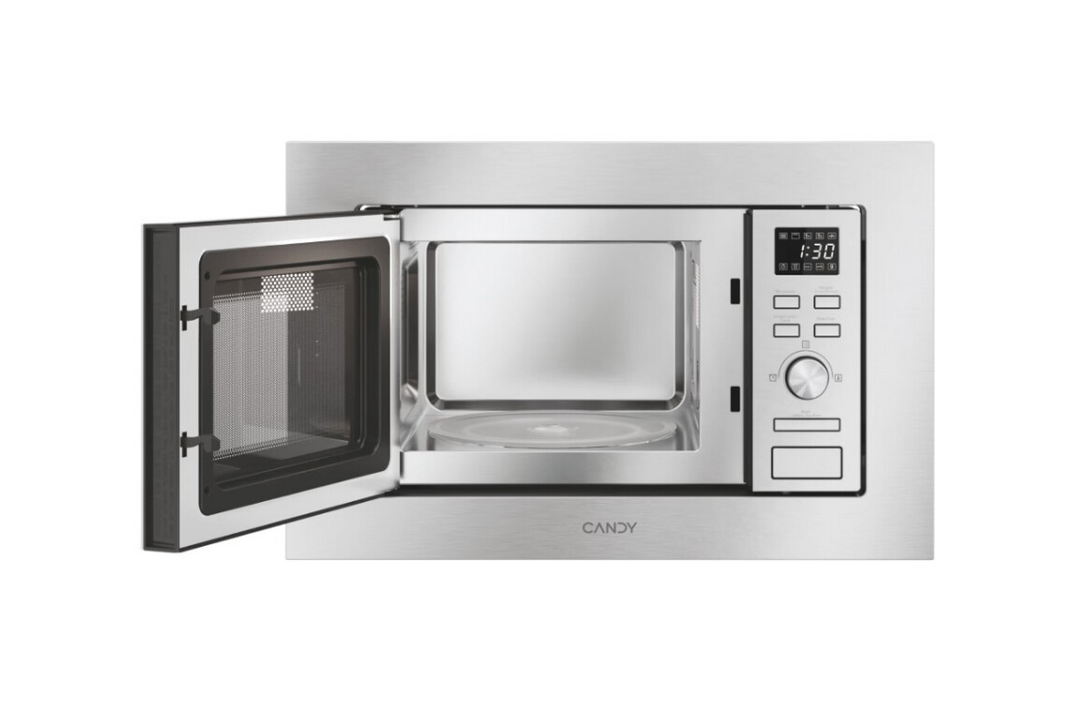 Un horno microondas plateado con la puerta abierta, mostrando el interior. Se muestra la hora 1:30. La marca CANDY es visible.