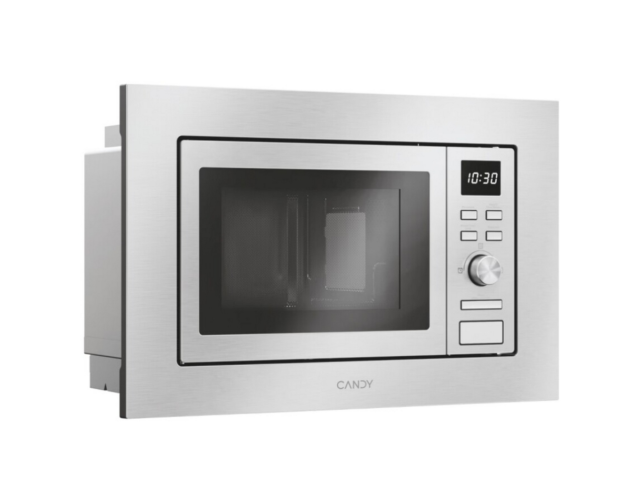 Un horno microondas Candy de acero inoxidable. Tiene un reloj digital y un panel de control. La puerta está cerrada y la hora es 10:30.