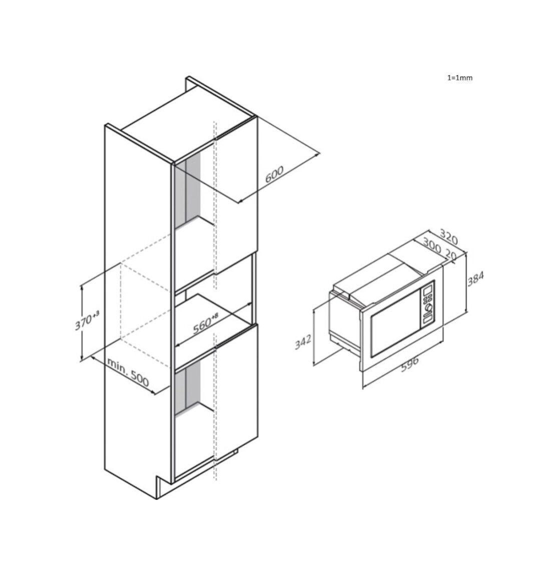 Un dibujo isométrico de un mueble de cocina con dimensiones y un horno microondas con sus dimensiones por separado.