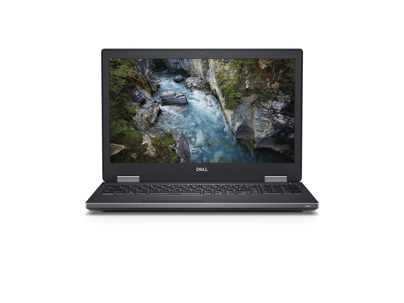 Ein Dell-Laptop ist geöffnet und zeigt eine Flussszene. Der Laptop ist schwarz und hat eine Tastatur. Der Hintergrund ist weiß.