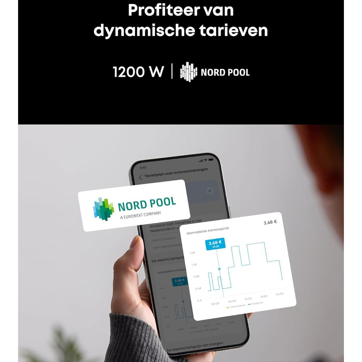Eine Hand hält ein Telefon mit einem Diagramm der Strompreise. Das Nord Pool Logo ist sichtbar. Text oben: dynamische Tarife.
