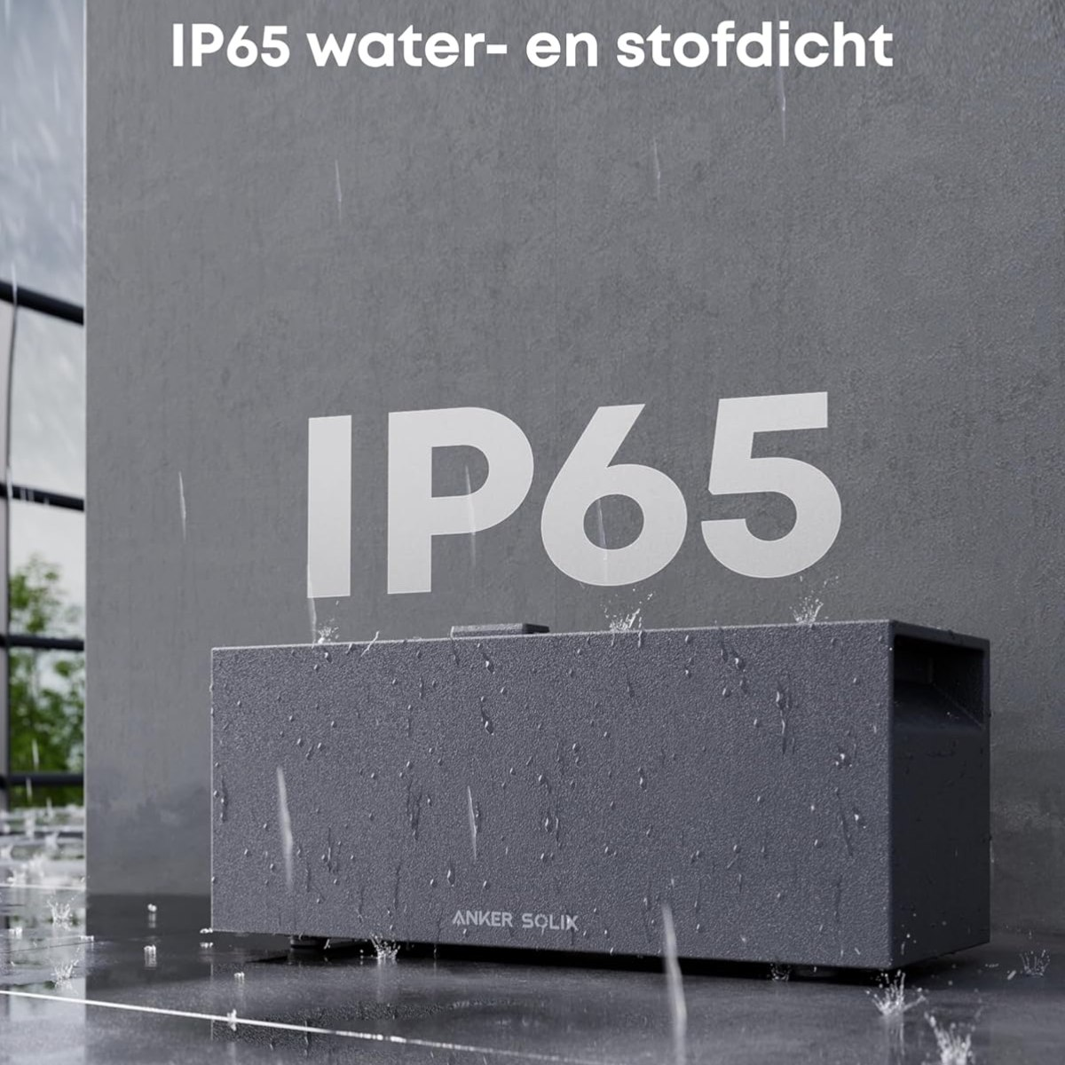 Ein grauer Lautsprecher mit Wassertropfen ist zu sehen, mit dem Text IP65 und IP65 wasser- und staubdicht. ANKER SOLIX ist ebenfalls sichtbar.
