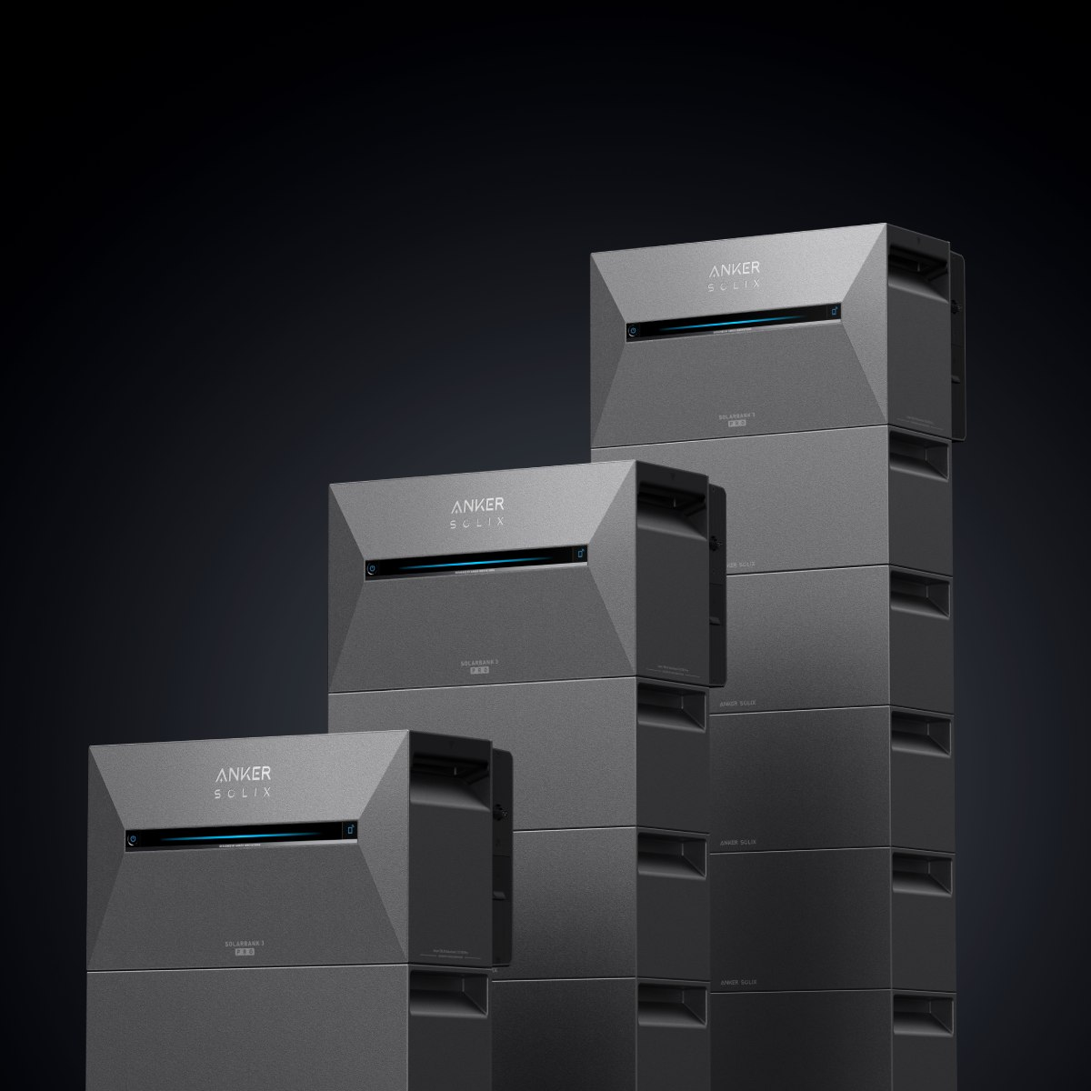 Several stacked gray Anker SCLIX solar generators with blue accents, against a dark background. The logo is visible.