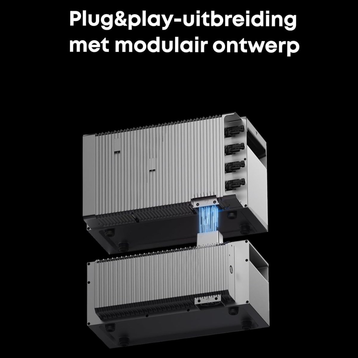 Two silver rectangular devices, one above the other, with text at the top. The devices have multiple slots and a blue glow.