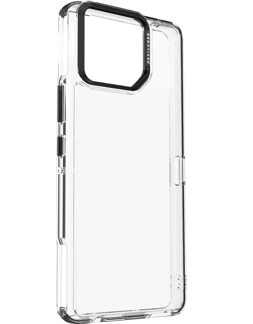Una custodia trasparente per telefono con protezione nera per la fotocamera. La custodia è trasparente con bordo nero.