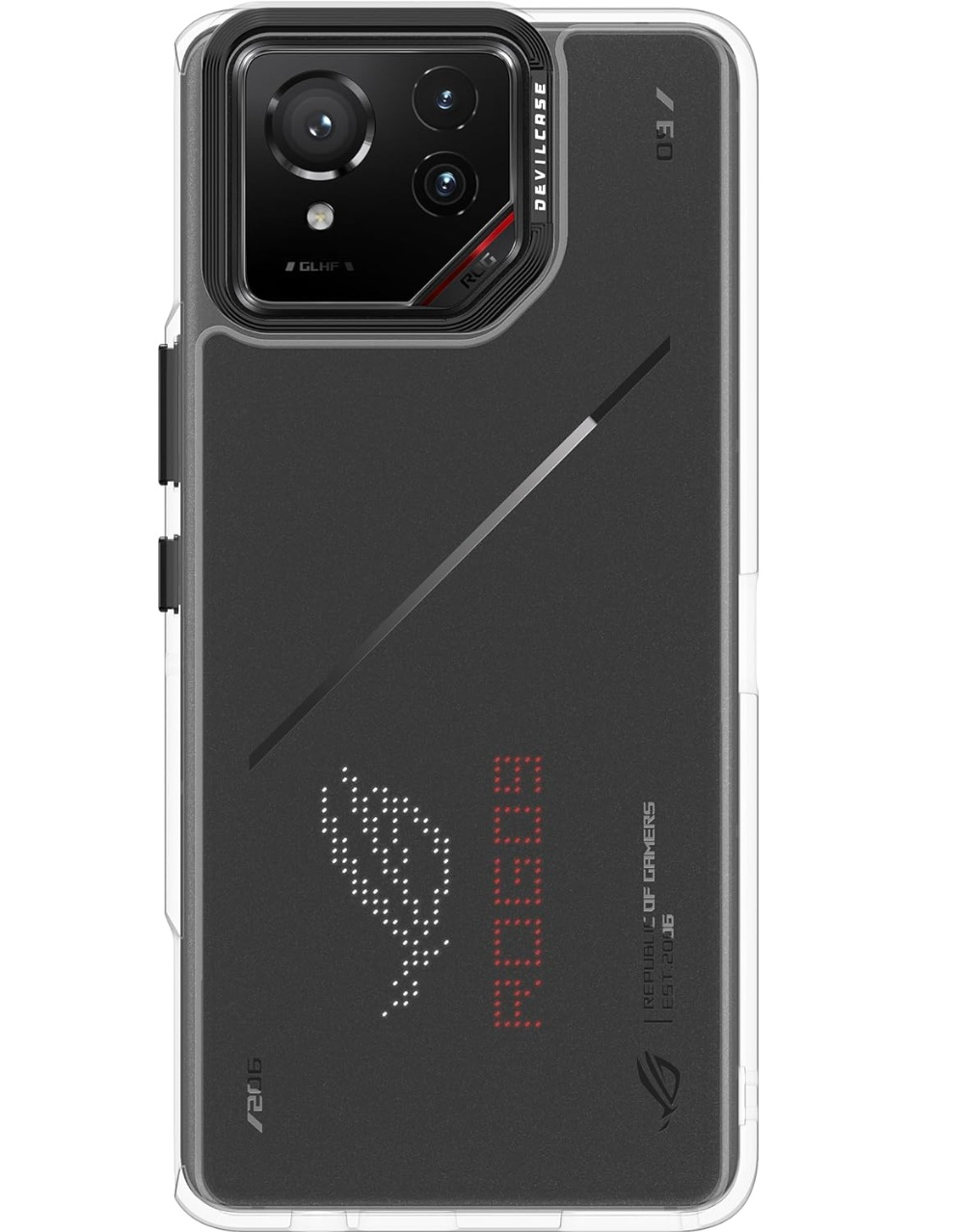 Una custodia per telefono nera con cornice trasparente. Ha un ritaglio per la fotocamera, il logo ROG e la scritta 'DEVILCASE'.