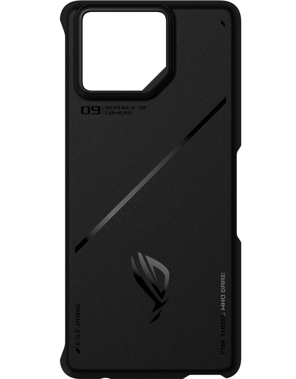 Custodia nera per telefono con logo ROG, linea diagonale e testo 'Republic of Gamers'. Ritaglio quadrato per fotocamera.