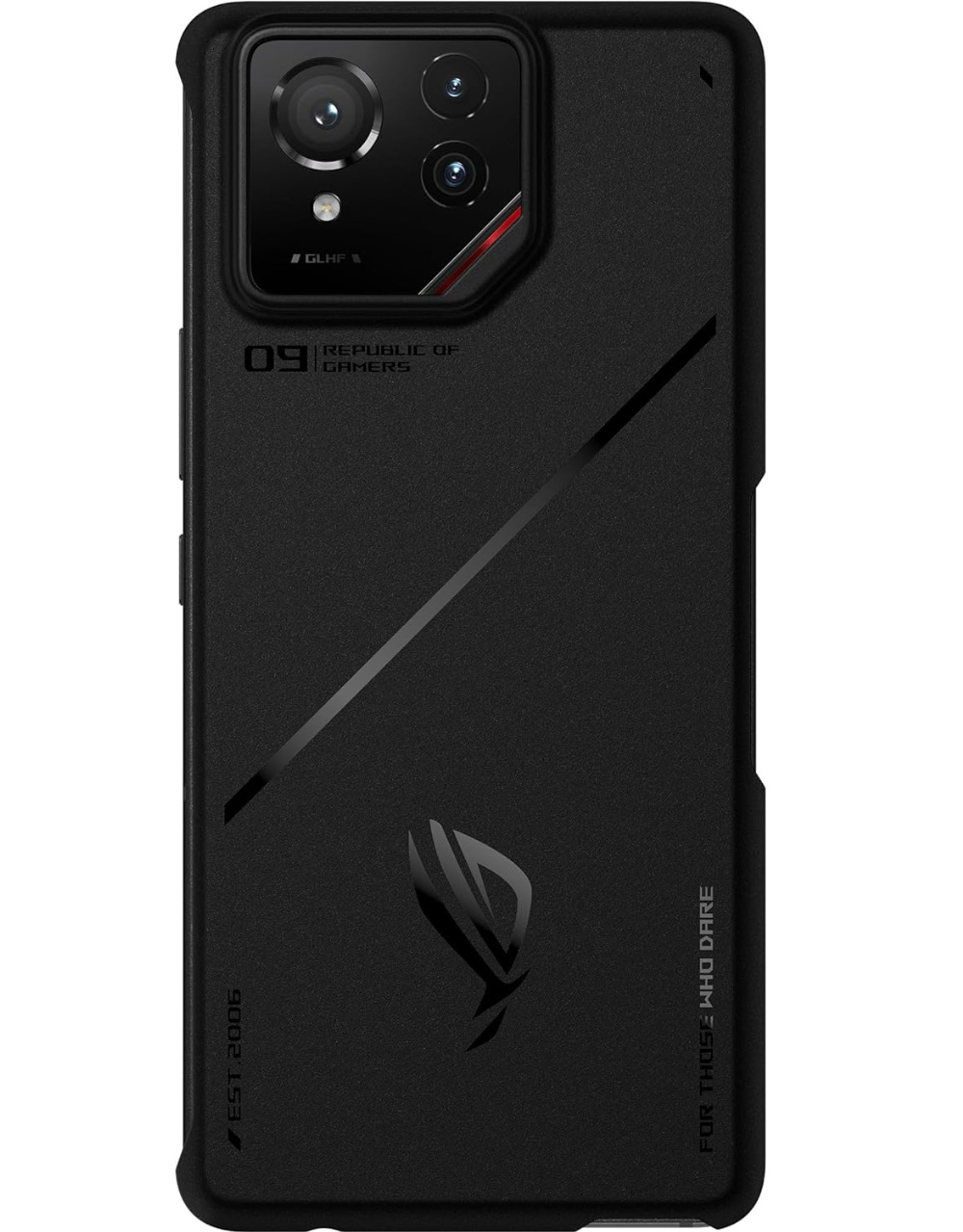 Custodia nera per telefono con fotocamera e logo ROG. Ha una linea diagonale e la scritta 'For Those Who Dare'.
