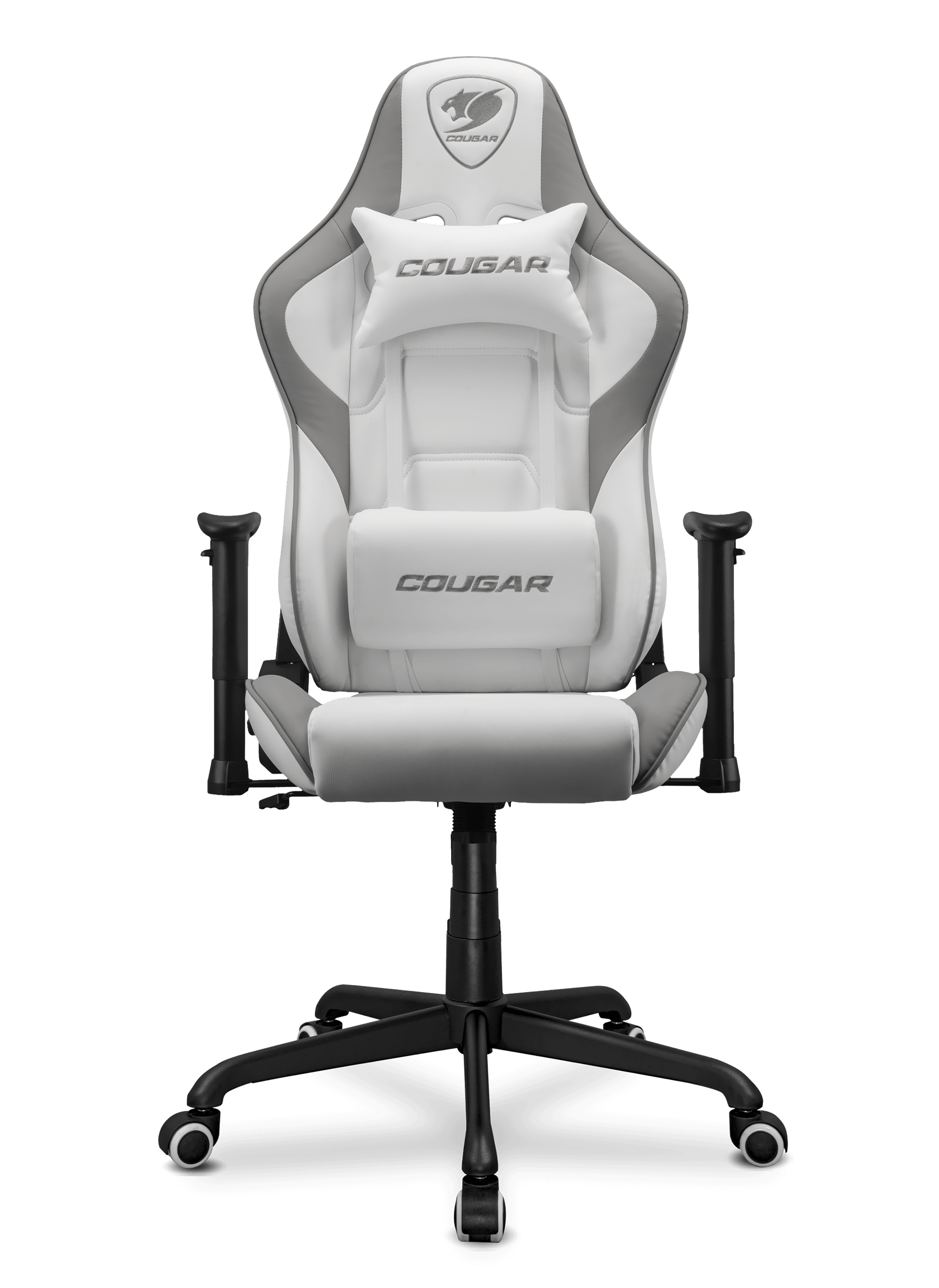 La sedia da gaming è bianca e grigia con dettagli neri. Ha il logo Cougar sul poggiatesta e sul cuscino.