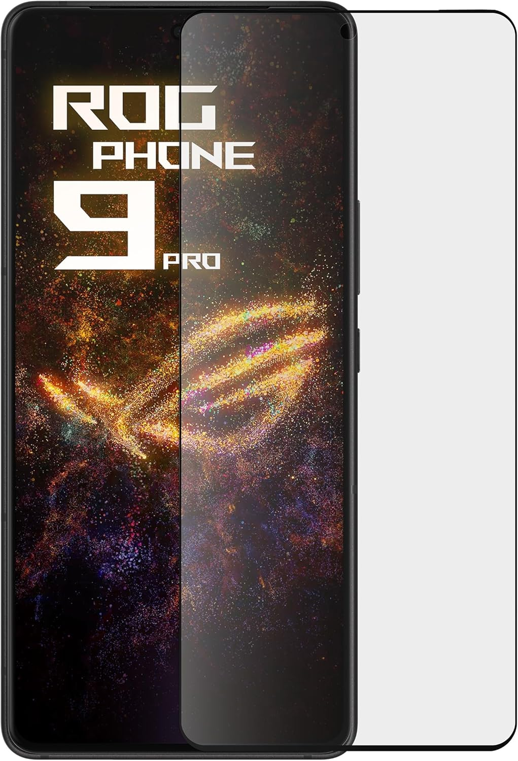 Uno smartphone con protezione schermo. Lo schermo mostra ROG PHONE 9 PRO a lettere bianche. Lo sfondo è un design galattico.