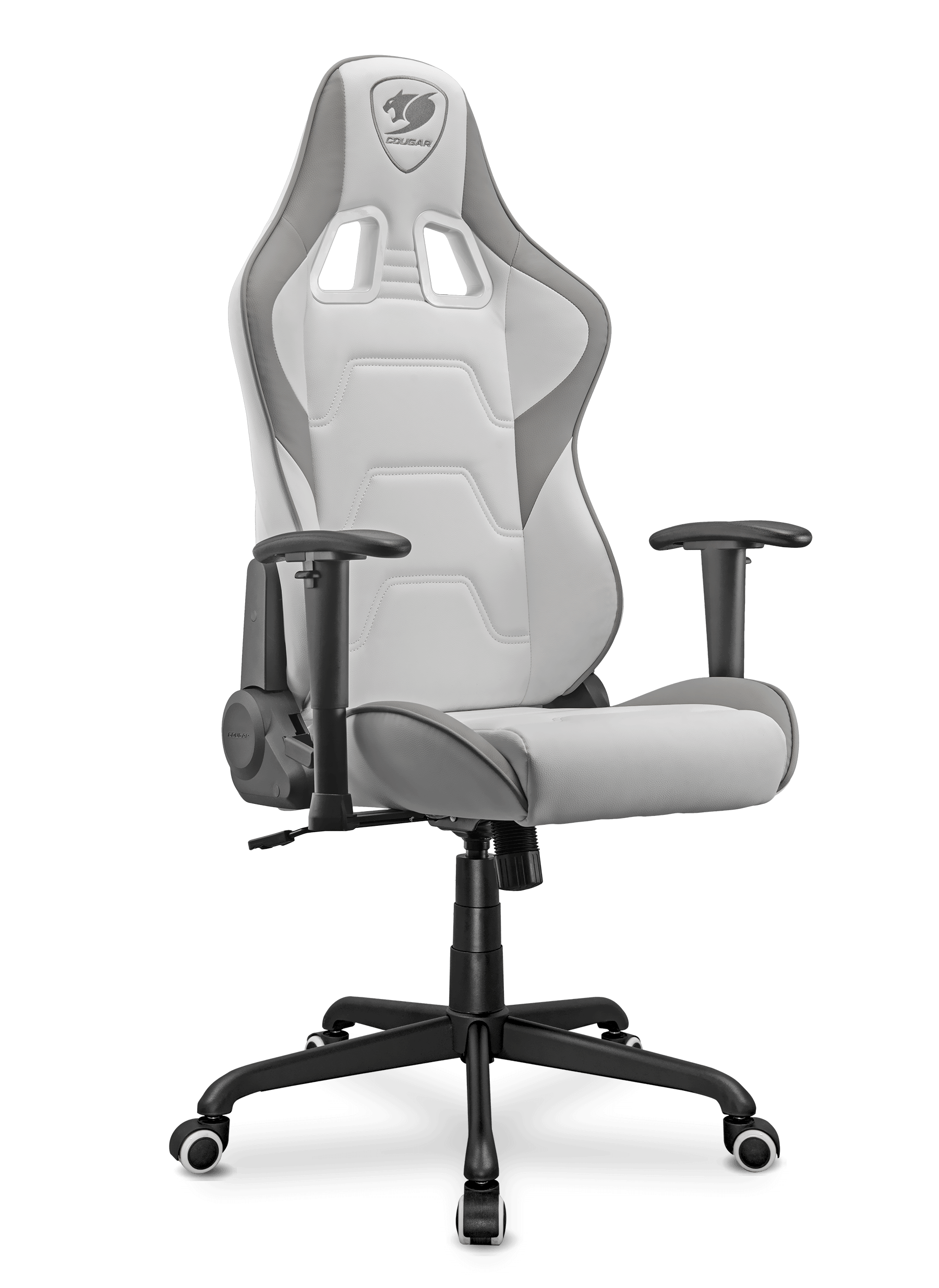Una sedia da gaming Cougar bianca e grigia con braccioli neri e base nera, isolata su nero.